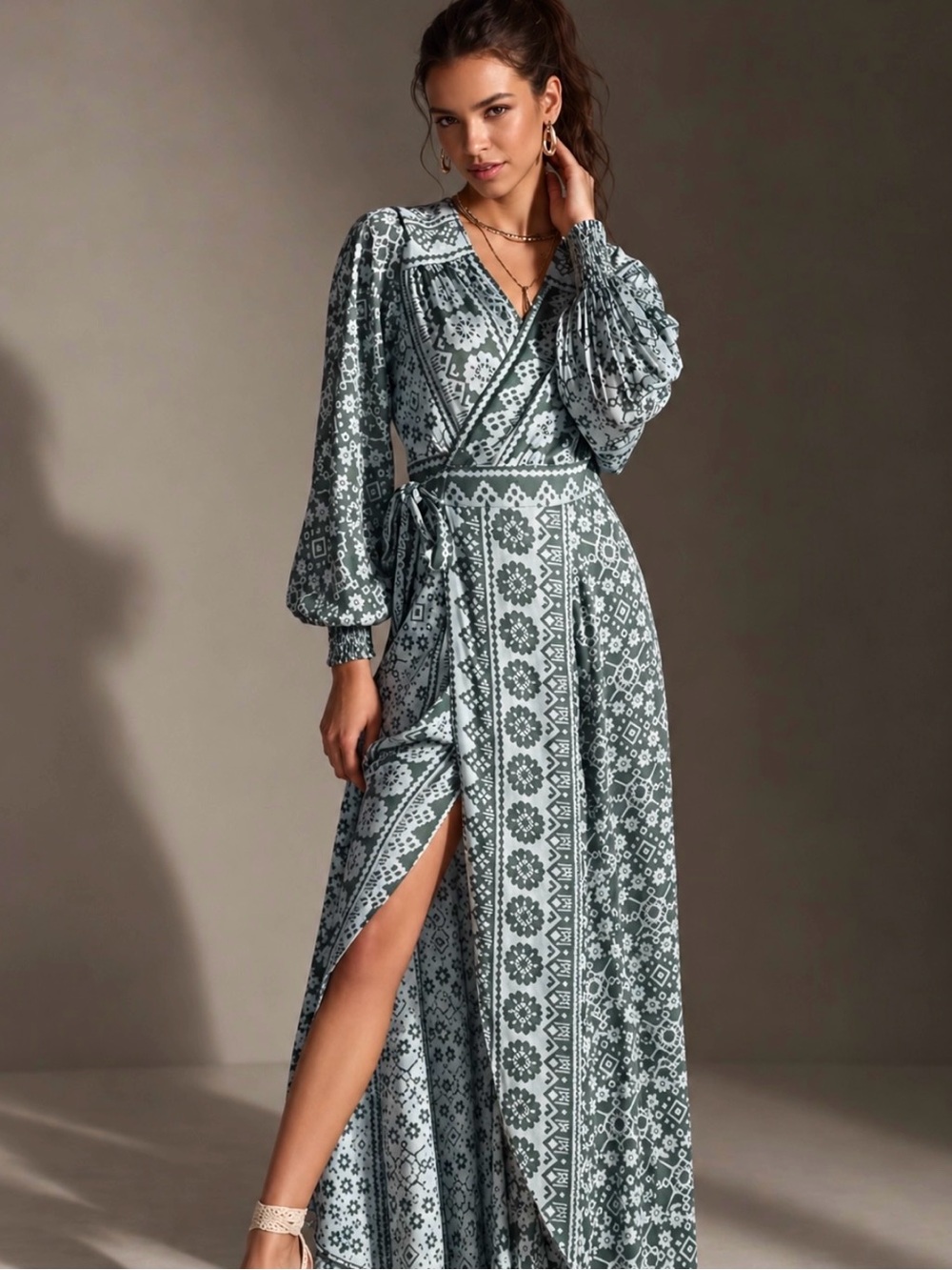 Anthropologie OMIKA Geometric Print Wrap Kaftan Maxi Dress Size M - Picture 3 of 11
